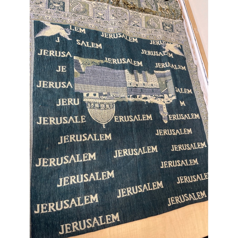 Jerusalem Bethlehem Souvenir Woven Tapestry Throw Blanket Shawl Teal Gold Dove